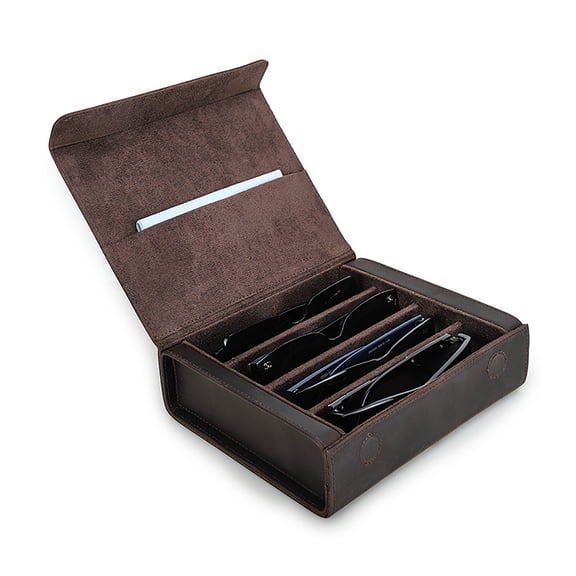 Luxury Leather Sunglasses Travel Organizer Case  4 Slot Crazy Horse Cowhide Eyewear Storage with Magnetic Closure, Suede Interior, Free Custom Engraving  Brown
