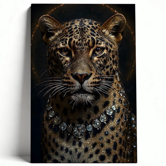 Luxury Leopard With Diamond Necklace Framed Canvas Wall Art - Glam Animal Decor For Living Room Bedroom Office, High-Definition Print, Easy To Hang 16*24inch(40*60cm)