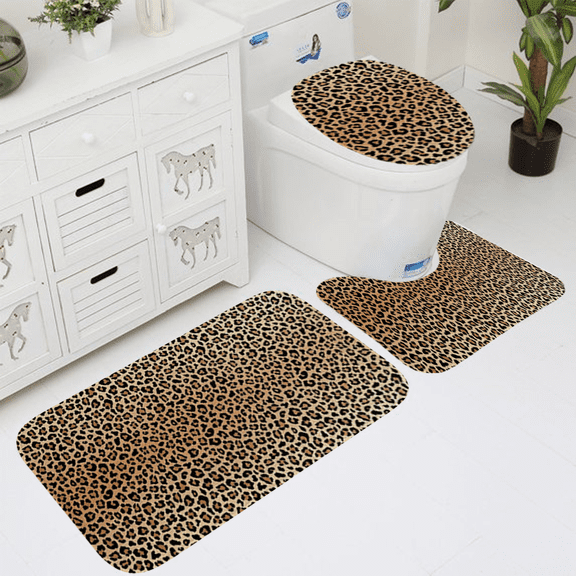 Luxury Leopard Print 3-Piece Bath Rug Set, Non-Slip Polyester Bathroom Mats, Plush Absorbent Washable Rugs with Toilet Lid Cover & U-Shaped Mat for Glam Western Bathroom Decor