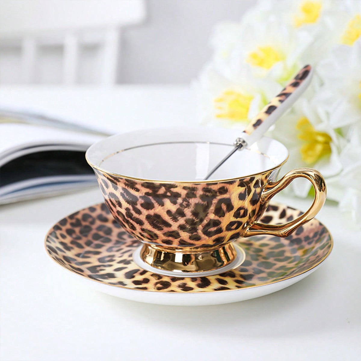 "Luxury Leopard Print Bone China Tea Set - Gold-Handled Cup & Saucer ...