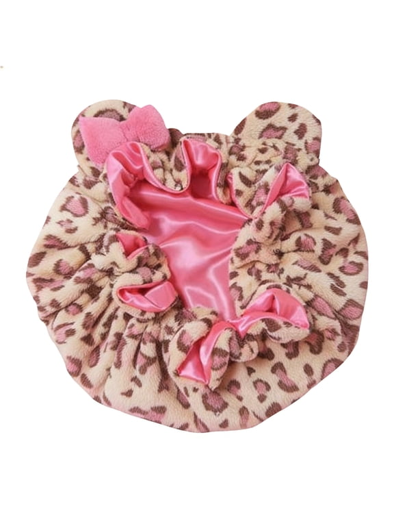 Luxury Leopard Print Satin Lined Bonnet with Cat Ears - Adjustable Sleep Cap, Soft Plush Outer, Anti-Frizz Hair Protection for All Hair Types