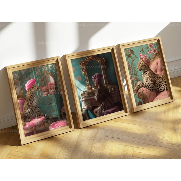 Luxury Leopard Vanity Art Feminine Jungle Bathroom Chic Pink Teal Decor Set 3 Unframed Paper Print 8x12