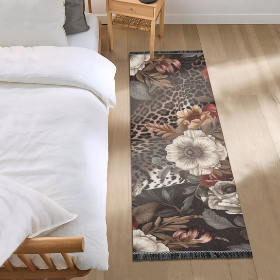 Luxury Leopard with Flowers Runner Area Rug 2x6 Soft Non-Slip Washable Bedside Carpet for Hallway Bedroom Living Room Home Decor