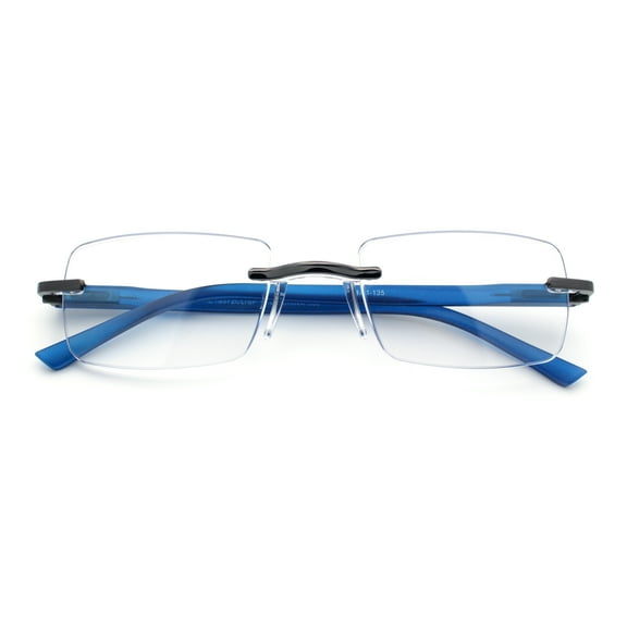 Luxury Light Weight Rimless Spring Hinge Narrow Rectangle Reading Glasses Gunmetal Blue +2.0