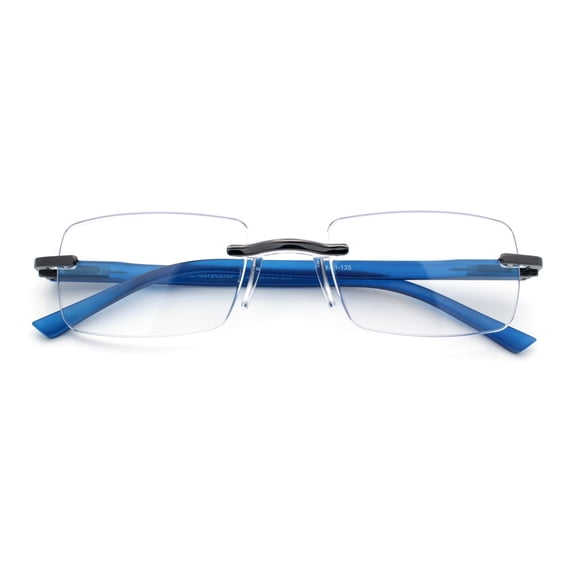Luxury Light Weight Rimless Spring Hinge Narrow Rectangle Reading Glasses Gunmetal Blue +2.5