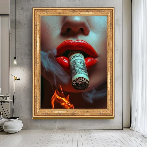 Luxury Lips And Money Canvas Print, Bold Wall Art With Red Lips And Dollar Cigar, Modern Pop Art, Glamorous Fashion Decor For Lounge Or Bar, Unframed Poster Size 12x18