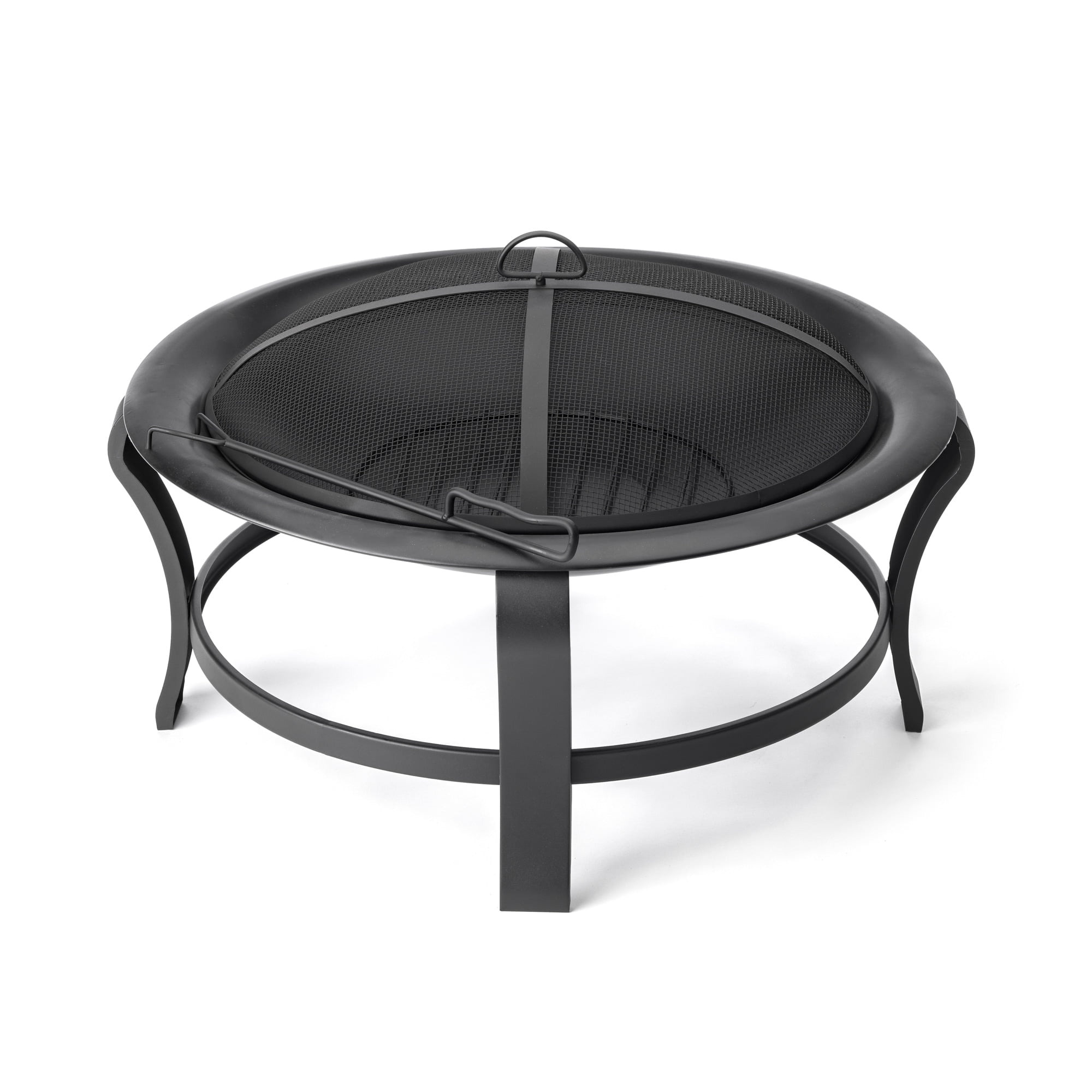 30" Black Steel Wood-Burning Portable Fire Pit with Mesh Lid