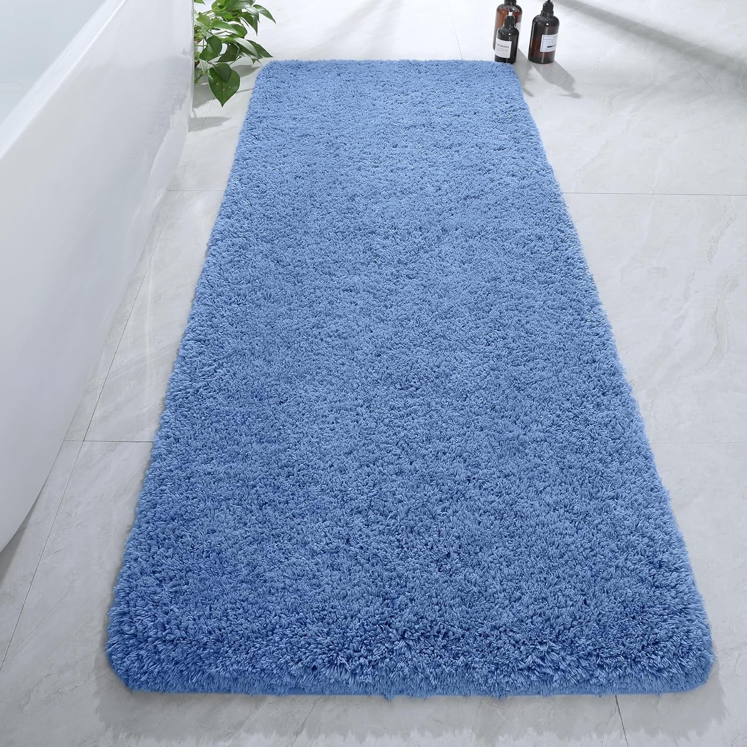 Luxury Long Bathroom Runner Rug, 24x60 Inch Thick Soft and Absorbent Non Slip Bath Mat, Rubber Backing Quick Dry Rugs Carpets, Machine Washable Plush Mats for Shower Floor, Blue