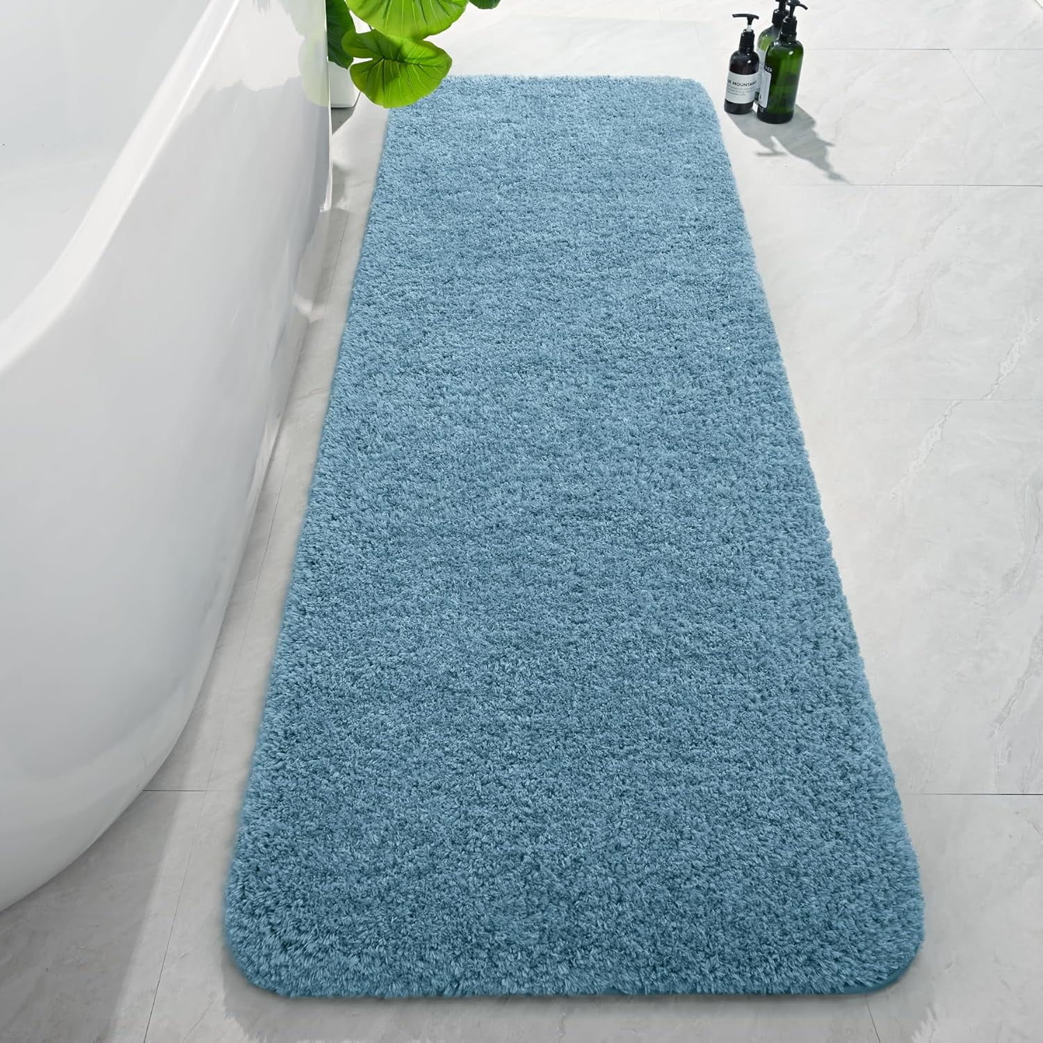 Luxury Long Bathroom Runner Rug, 24x72 Inch Thick Soft and Absorbent Non Slip Bath Mat, Rubber Backing Quick Dry Rugs Carpets, Machine Washable Plush Mats for Shower Floor, Little Blue