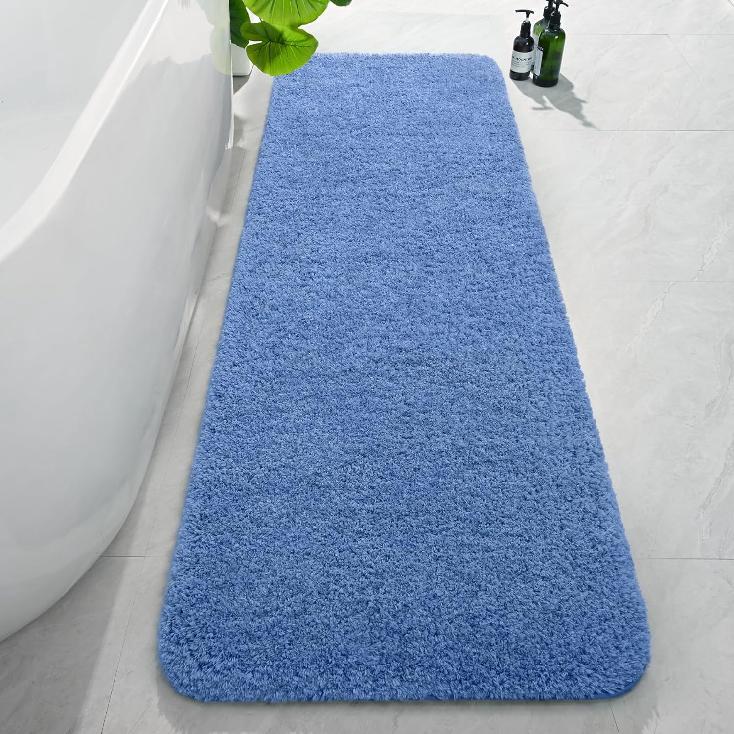 Luxury Long Bathroom Runner Rug, 24x72 Inch Thick Soft and Absorbent Non Slip Bath Mat, Rubber Backing Quick Dry Rugs Carpets, Machine Washable Plush Mats for Shower Floor, Blue