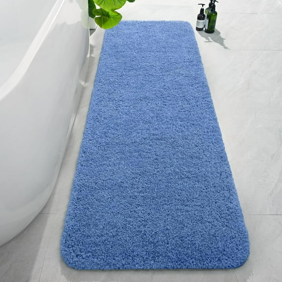 Luxury Long Bathroom Runner Rug, 24x72 Inch Thick Soft and Absorbent Non Slip Bath Mat, Rubber Backing Quick Dry Rugs Carpets, Machine Washable Plush Mats for Shower Floor, Blue