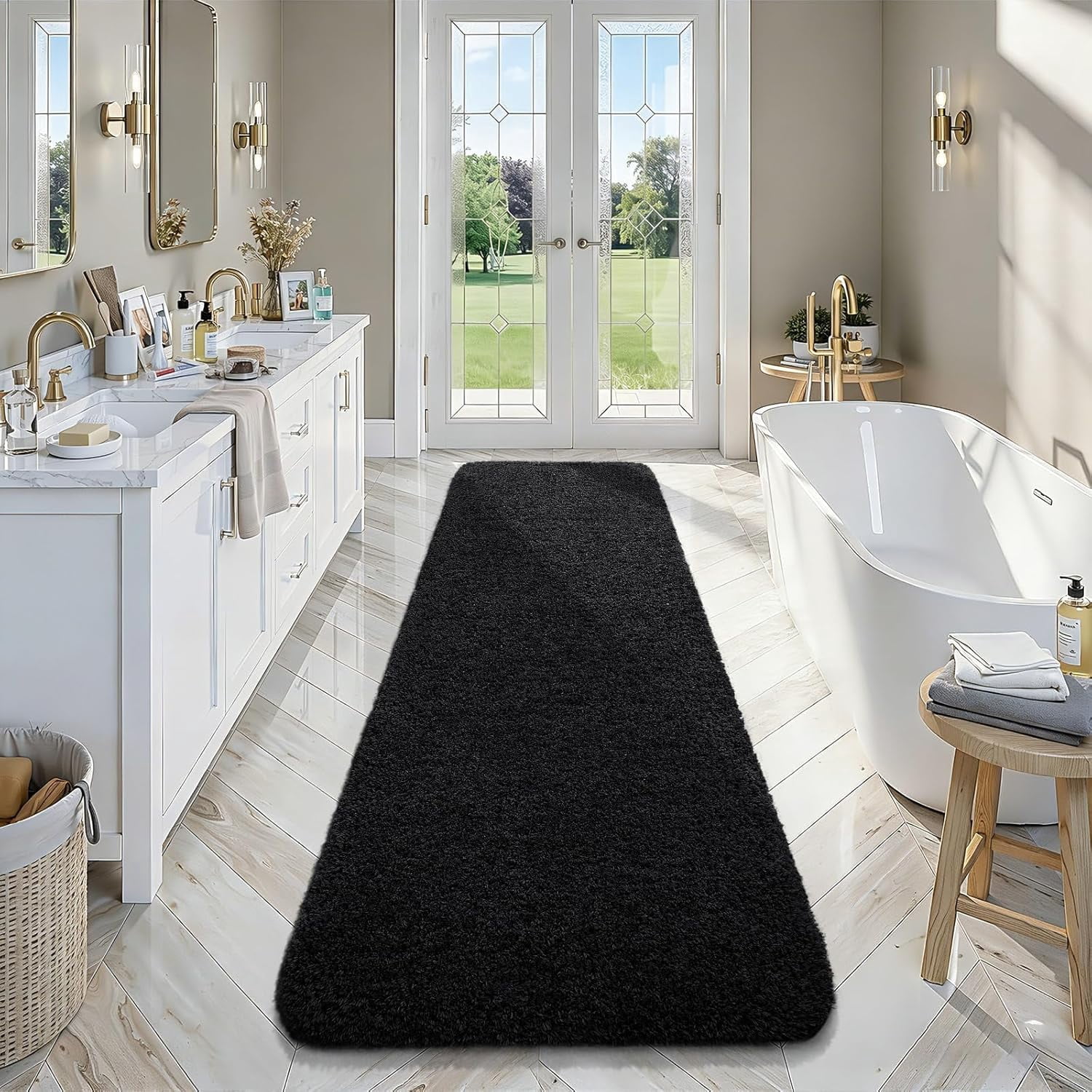 Luxury Long Bathroom Runner Rug, 24x84 Inch Thick Soft and Absorbent Microfiber Non Slip Bath Mat, Rubber Backing Quick Dry Rugs Carpets, Washable Plush Mats for Shower Floor, Black