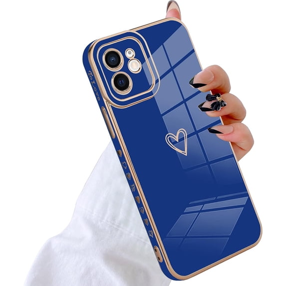 Luxury Love Heart Compatible with iPhone 11 Case Cute for Women & Girls with Glitter Gold Plated Design Upgraded Full Camera Protection Soft TPU Shockproof Phone Cover-Blue
