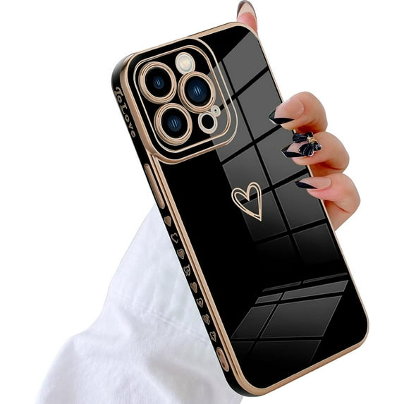 Luxury Love Heart Compatible with iPhone 13 Pro Max Case Cute for Women & Girls with Glitter Gold Plated Design Upgraded Full Camera Protection Soft TPU Shockproof Phone Cover-Black