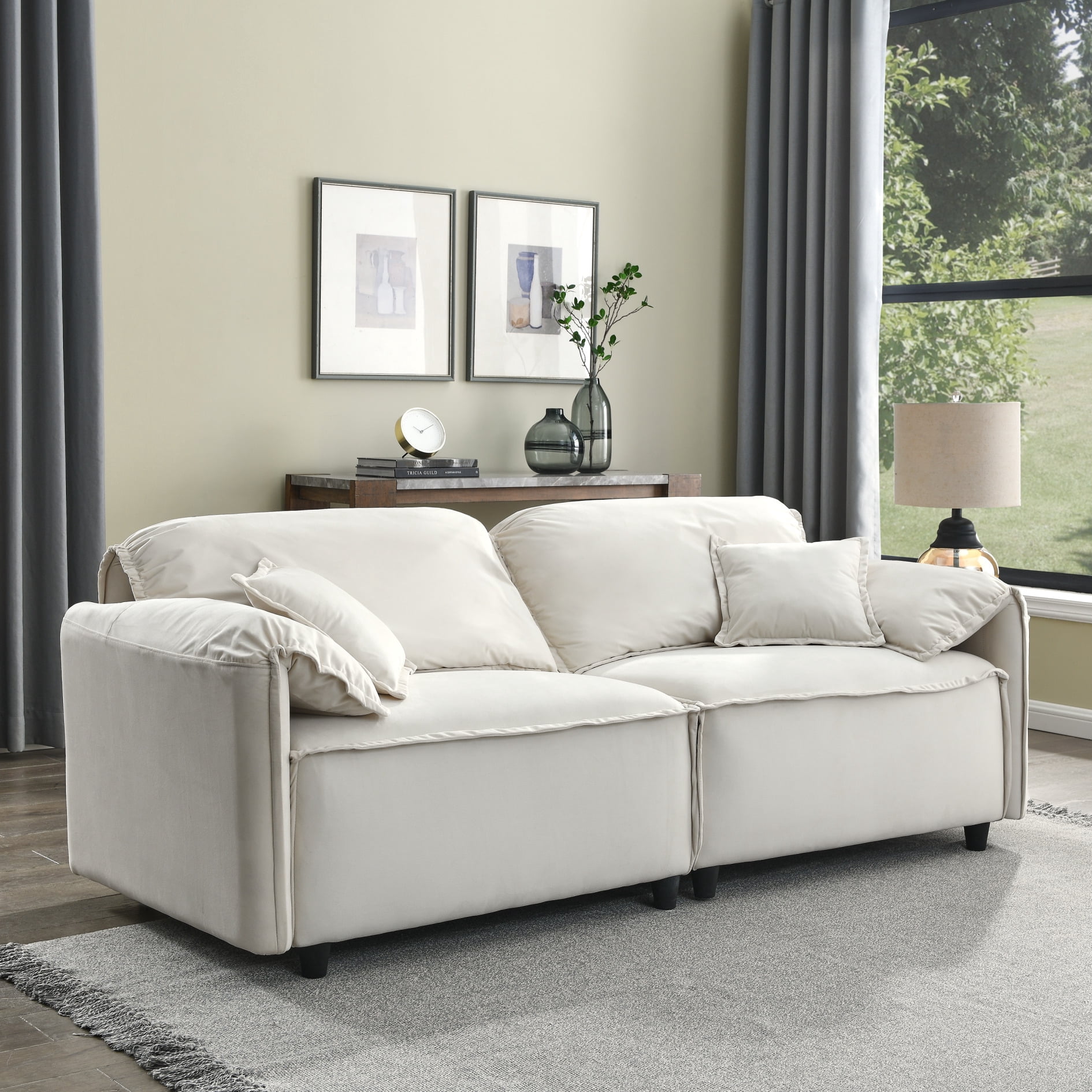 Image showcasing Luxury Loveseat, Living Room Upholstery Sofa with Pillows, Soft Velvet ...