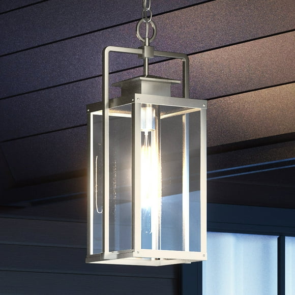 Luxury Lux Industrial Outdoor Pendant, 22''H x 9''W, with Industrial Chic Style Elements, Urban Loft Design, Burnished Aluminum Finish and Clear Glass Enclosure, UEX1033