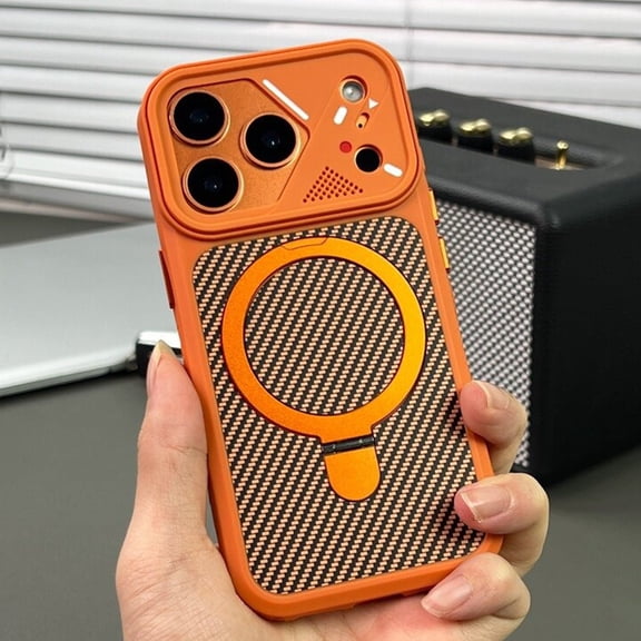 Luxury Magnetic Carbon Fiber Texture Case with Ring Stand for iPhone 17 16 15 Pro Max