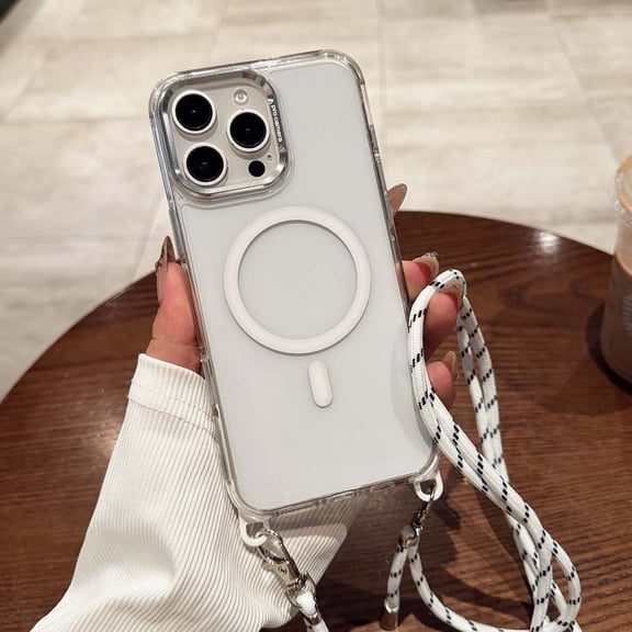 Luxury Magnetic Compatible for iPhone 15 Plus Case Clear, with Adjustable Crossbody Strap, [2-Way Use] [Military-Grade Protection] Slim Shockproof Cover for iPhone 15 Plus, White