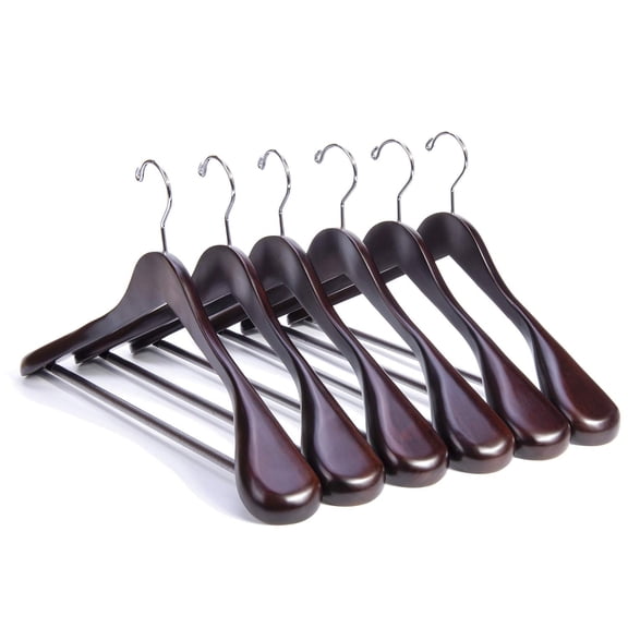 Luxury Mahogany Wooden Suit Hangers - 6 Pack - Wood Coat Hangers,Jacket Outerwear Shirt Hangers,Glossy Finish with Extra-Wide Shoulder, 360 Degree Swivel Hooks & Anti-Slip Bar with Screw