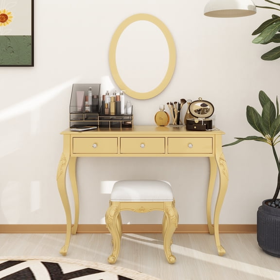 Luxury Makeup Vanity Desk with Oval Mirror, 3-Drawer Dressing Table for Jewelry Storage, Elegant Console Table for Entryway, Living Room & Bedroom, Stylish Home Decor,Gold