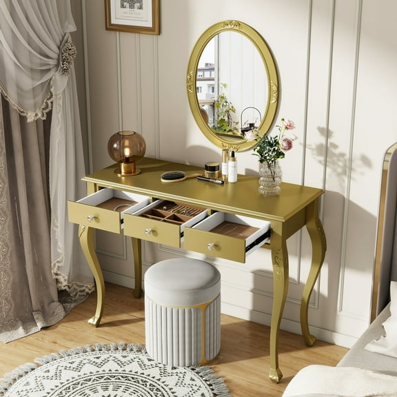 Luxury Makeup Vanity Desk with Oval Mirror, 3-Drawer Dressing Table for Jewelry Storage, Elegant Console Table for Entryway, Living Room & Bedroom, Stylish Home Decor,Gold