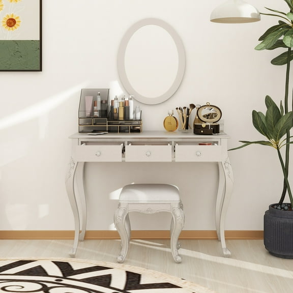Luxury Makeup Vanity Desk with Oval Mirror, 3-Drawer Dressing Table for Jewelry Storage, Elegant Console Table for Entryway, Living Room & Bedroom, Stylish Home Decor,Silver