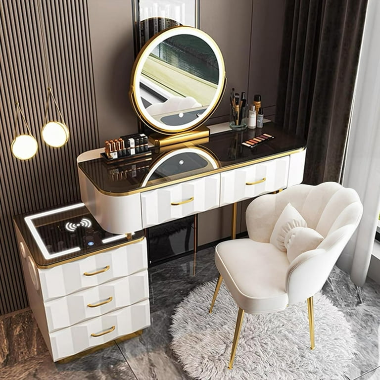 AIAO Luxury Makeup Vanity Desk with Wireless Charging Station and Bluetooth Speaker Dressing Table with Tempered Glass Desktop Vanity Set with 5 Drawers