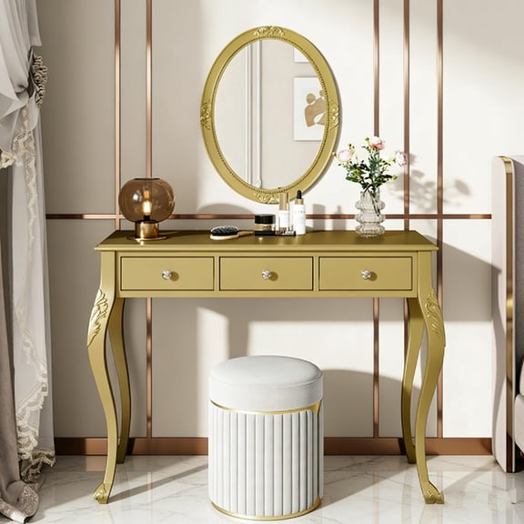 Luxury Makeup Vanity Desk with Oval Mirror, 3-Drawer Dressing Table for Jewelry Storage, Elegant Console Table for Entryway, Living Room
