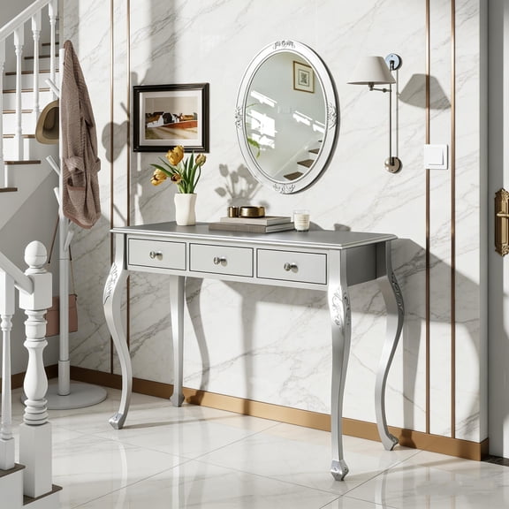 Luxury Makeup Vanity Desk with Oval Mirror, 3-Drawer Dressing Table for Jewelry Storage, Elegant Console Table for Entryway, Living Room