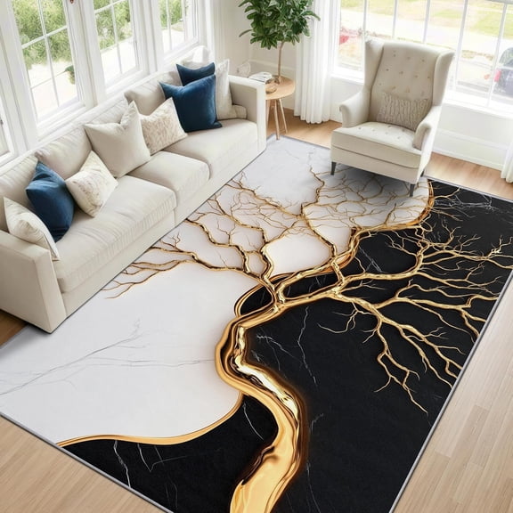 Luxury Marble Abstract Area Rugs, Black White Gold Carpet, Washable Non Slip Low Pile Soft Rug for Bedroom Living Room Decor Mat 2x3ft