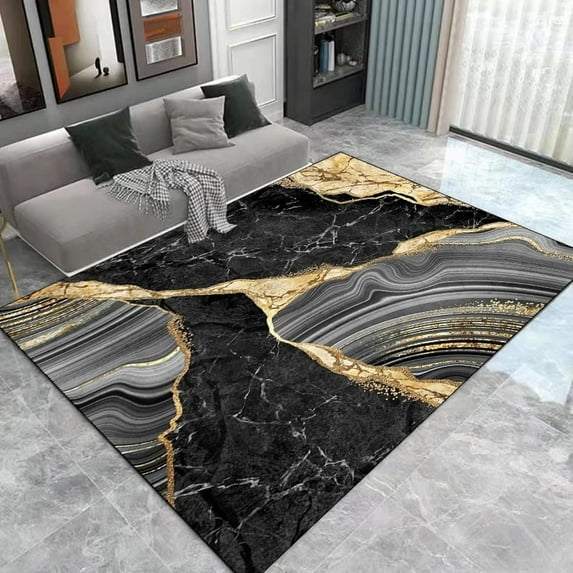 Luxury Marble Area Rug Gray Gold Line Art Black White Texture Living Room Decor Rugs Anti Slip Backing Washable Indoor Carpet Bedroom Study Dining 5x7 Non-slip Soft Home Decor