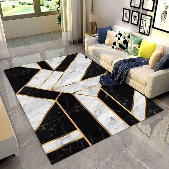 Luxury Marble Area Rug, Irregular Black And White Texture Geometric Pattern Marble Rug With Non-Slip Rubber Backing Low Pile Rug For Bedroom Kitchen Home Decor Washable Rug 2x3ft