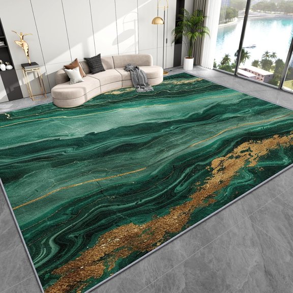 Luxury Marble Area Rugs, Emerald Green Gold Carpet, Washable Non Slip Low Pile Soft Rug for Bedroom Living Room Decor Mat 2ftx3ft