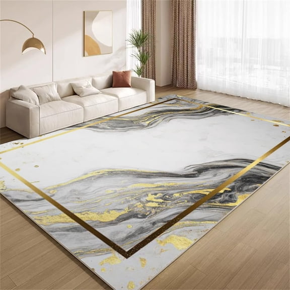 Luxury Marble Area Rugs, White Gold Fluid Foil Border Carpet, Washable Non Slip Low Pile Soft Rug for Living Room Bedroom Study Decor Mat 3ftx5ft