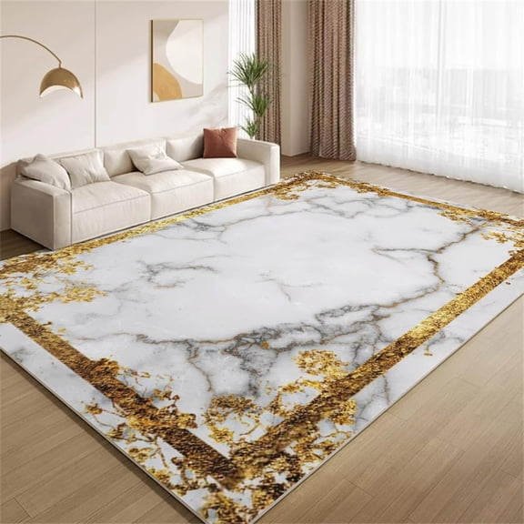 Luxury Marble Area Rugs, White Gold Modern Design Carpet, Washable Non Slip Low Pile Soft Rug for Living Room Bedroom Study Office Decor Mat 3ftx5ft