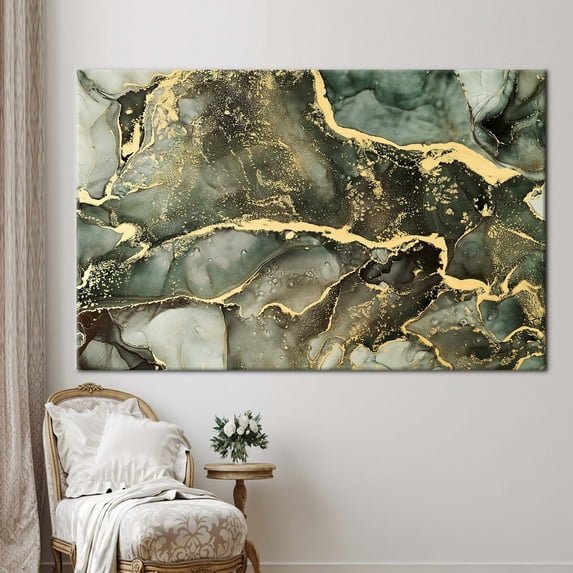 Luxury Marble Art Canvas, Modern Marble Art, Contemporary Printed, Green And Gold Marble, Gold Marble Wall Art, Green Marble Printed Canvas, Canvas Wall Decor - Gold Framed