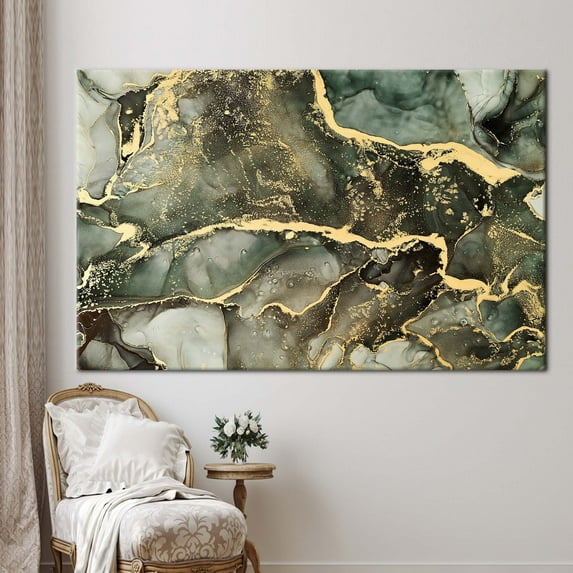 Luxury Marble Art Canvas, Modern Marble Art, Contemporary Printed, Green And Gold Marble, Gold Marble Wall Art, Green Marble Printed Canvas, Canvas Wall Decor - 3P-Gold Framed