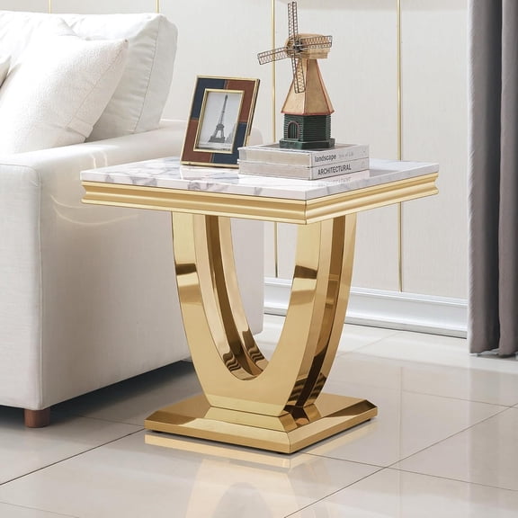 Luxury Marble End Table，Square Top and Stainless Steel U-Shaped Base, Modern Side Table Nightstand for Living Room, Bedroom