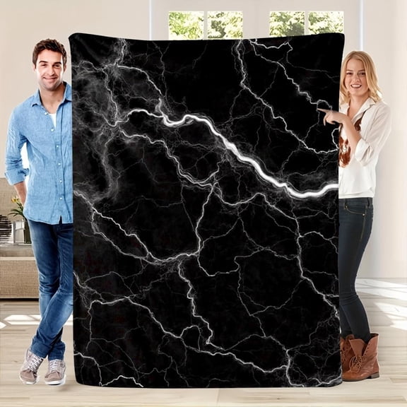 Luxury Marble Flannel Blanket - Black & White Bedspread with Veining, Soft Cozy All-Season Throw Suitable for Sofa, Bed, Travel - Elegant Modern Bedding Gift for &