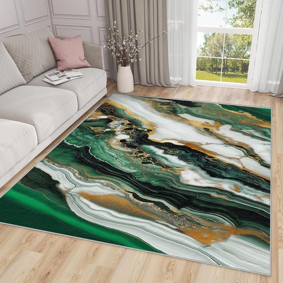 Luxury Marble Geometric Area Rugs, Emerald Green Gold Carpet, Washable Non Slip Low Pile Soft Rug for Bedroom Living Room Decor Mat 5x8ft
