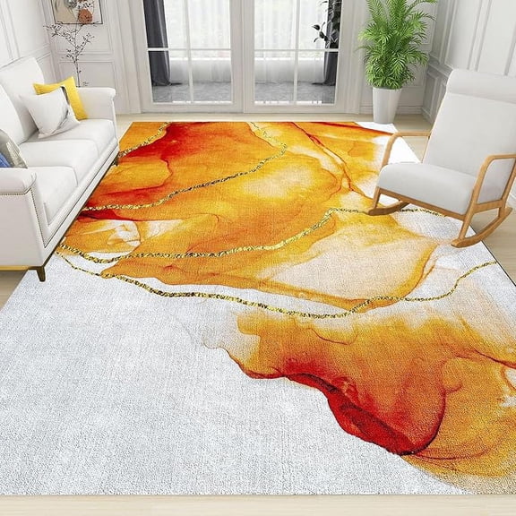 Luxury Marble Gradient Orange Texture Area Rug, Vintage Gold Stripe Boho Style Large Rugs, With Anti-Slip Backing Washable Indoor Carpet For Living Room Bedroom Dining Room 2 x 3ft