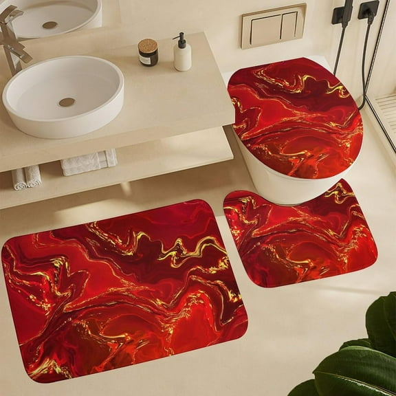 Luxury Marble Red Gold Bathroom Rugs Sets 3 Piece Non-Slip Bath Mat Toilet Seat Cover and Rug Set Absorbent Bath Rugs for Bathroom Floor 16"x24"