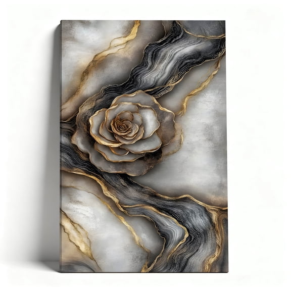 Luxury Marble Rose With Gold Veins Canvas Wall Art, Modern Abstract Floral Artwork, Elegant Grey And Gold Wall Decor For Living Room, Bedroom, Office, Ready To Hang 8*12inch(20*30cm)