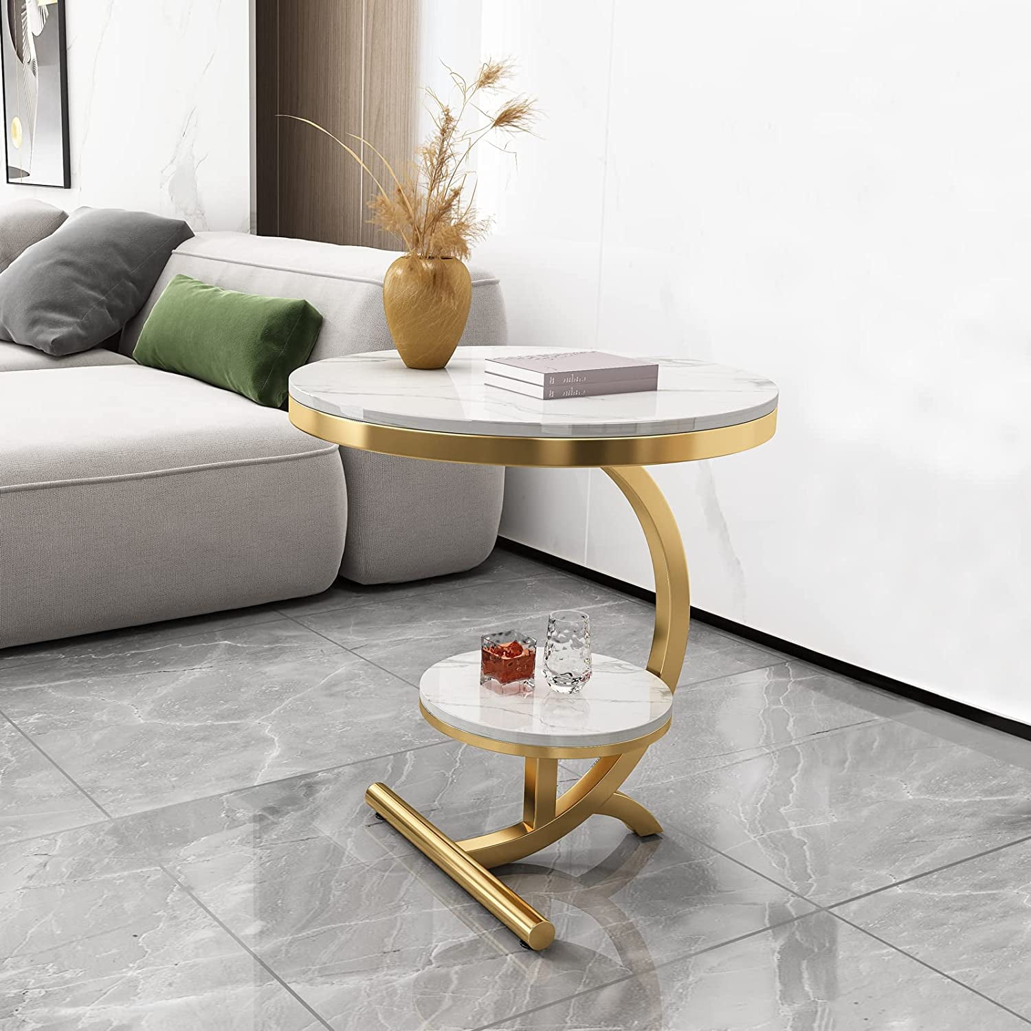 Luxury Marble Sofa Side Table Corner Table Living Room Sofa End Bedside Table Small Round Coffee Table (White)