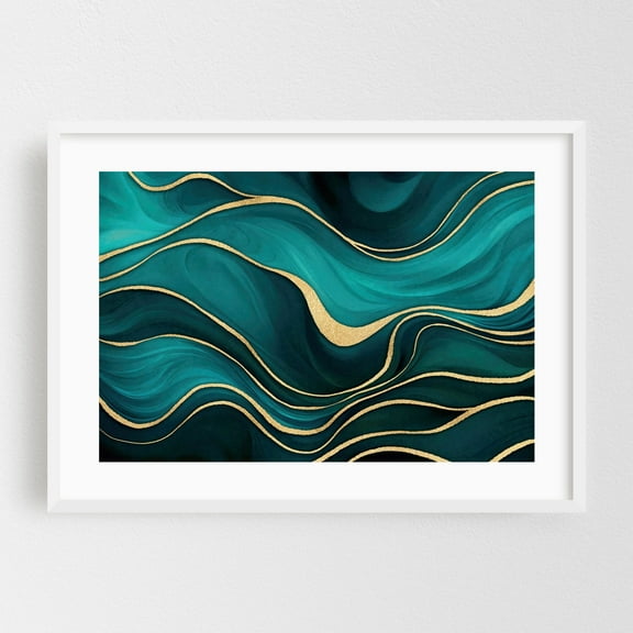 Luxury Marble Teal Turquoise Gold - Painting White Framed Wall Art Print 12 x 18 inches