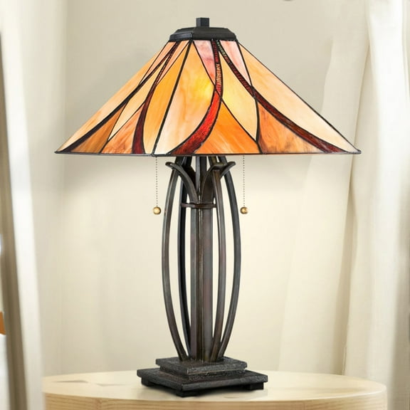 Luxury Mediterranean Tiffany Table Lamp, Large Size: 25''H x 15.5''W, with Old World Style Elements, Valiant Bronze Finish, UQL7100 from the Bracknell Collection by Urban Ambiance