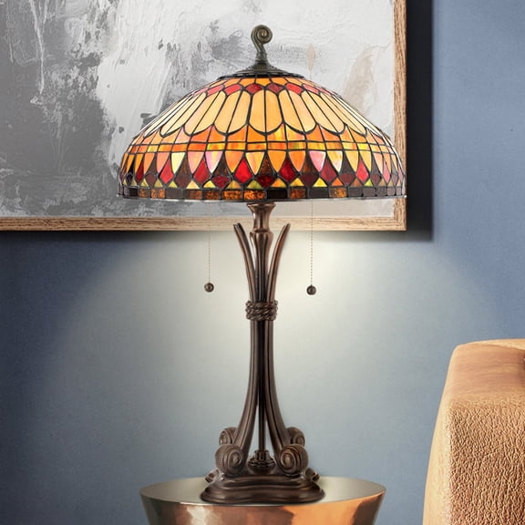 Luxury Mediterranean Tiffany Table Lamp, Large Size: 26.5''H x 16''W, with Western Style Elements, Brushed Bullion Finish, UQL7210 from the Bexley Collection by Urban Ambiance