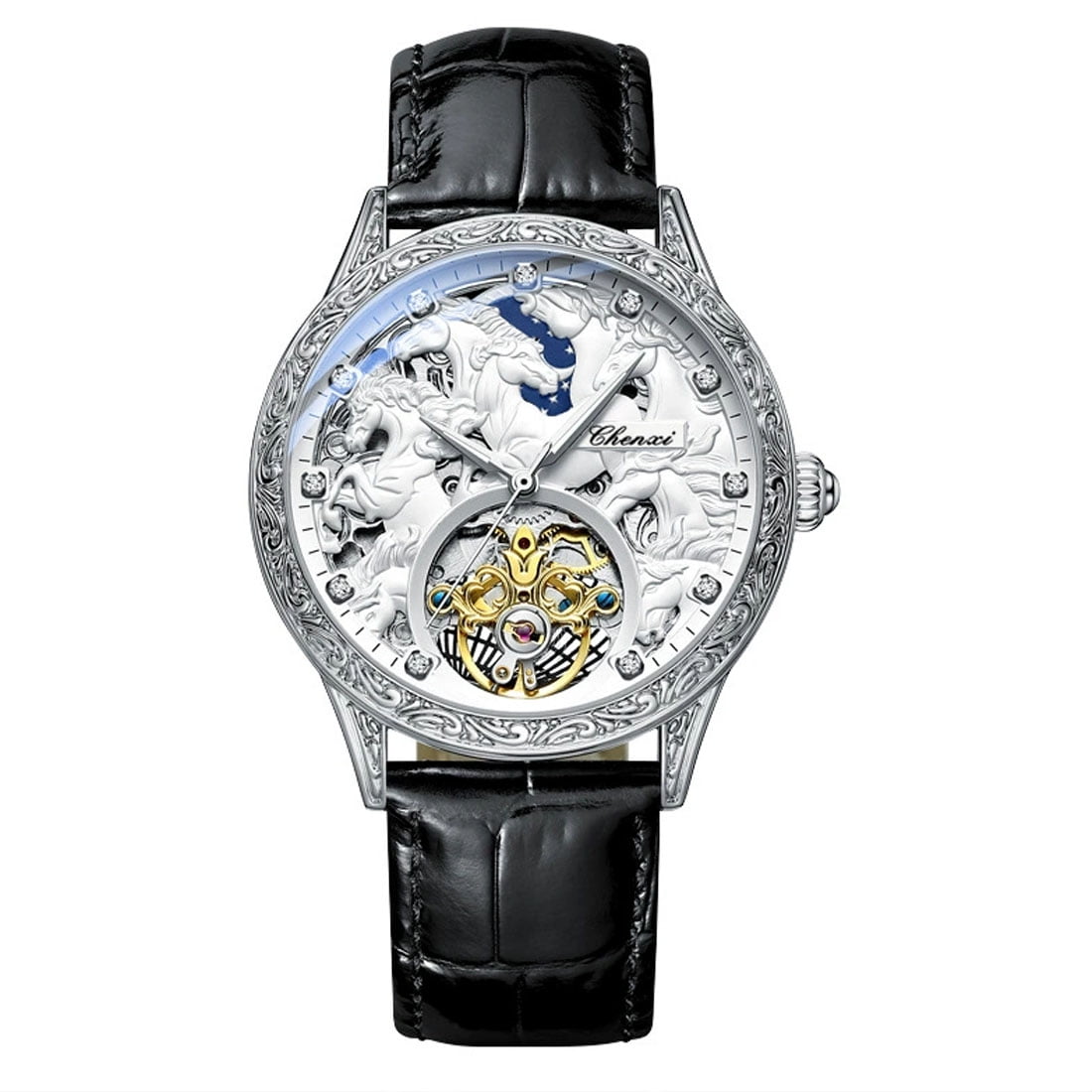 CHENXI Luxury Men Fashion Design Horse Watches Leather Strap Automatic Mechanical Watches Men Wristwatches