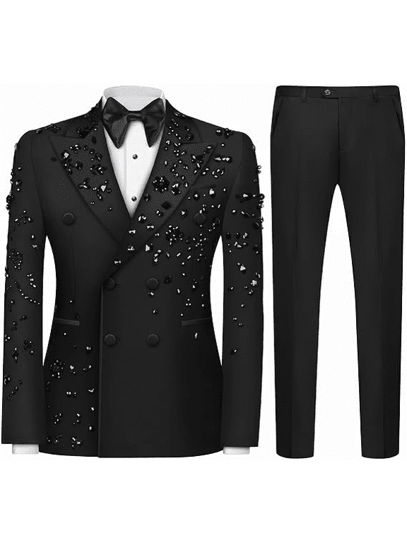 Luxury Men's 2 Piece Suit Classic Fit Slim Solid Double Breasted Beads Crystal Party Wedding Tuxedo Suits Blazer Jacket Pants Set
