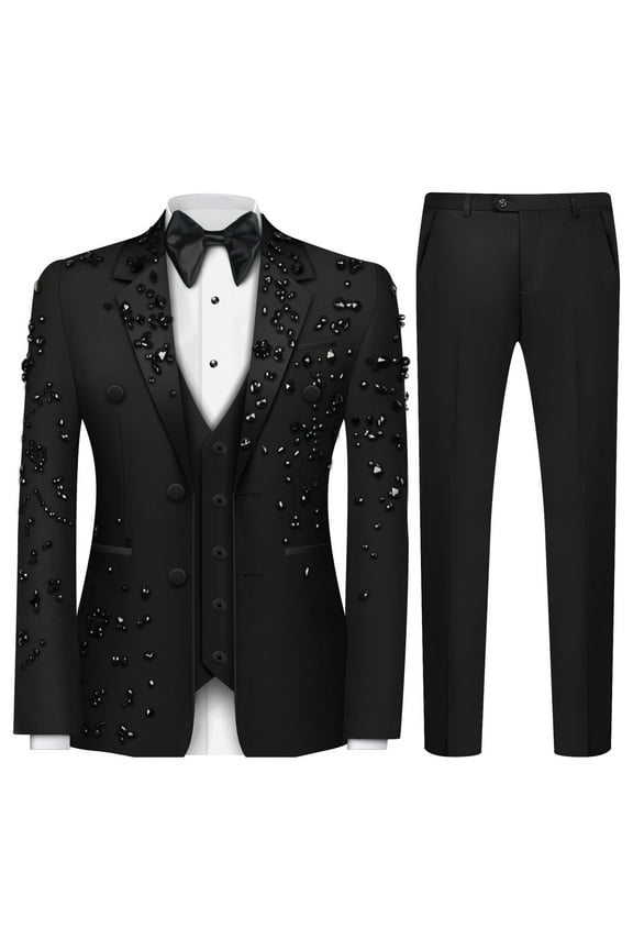Luxury Men's 2 Piece Suit Classic Fit Slim Solid 2 Button Beads Crystal Party Wedding Tuxedo Suits Blazer Jacket Pants Set